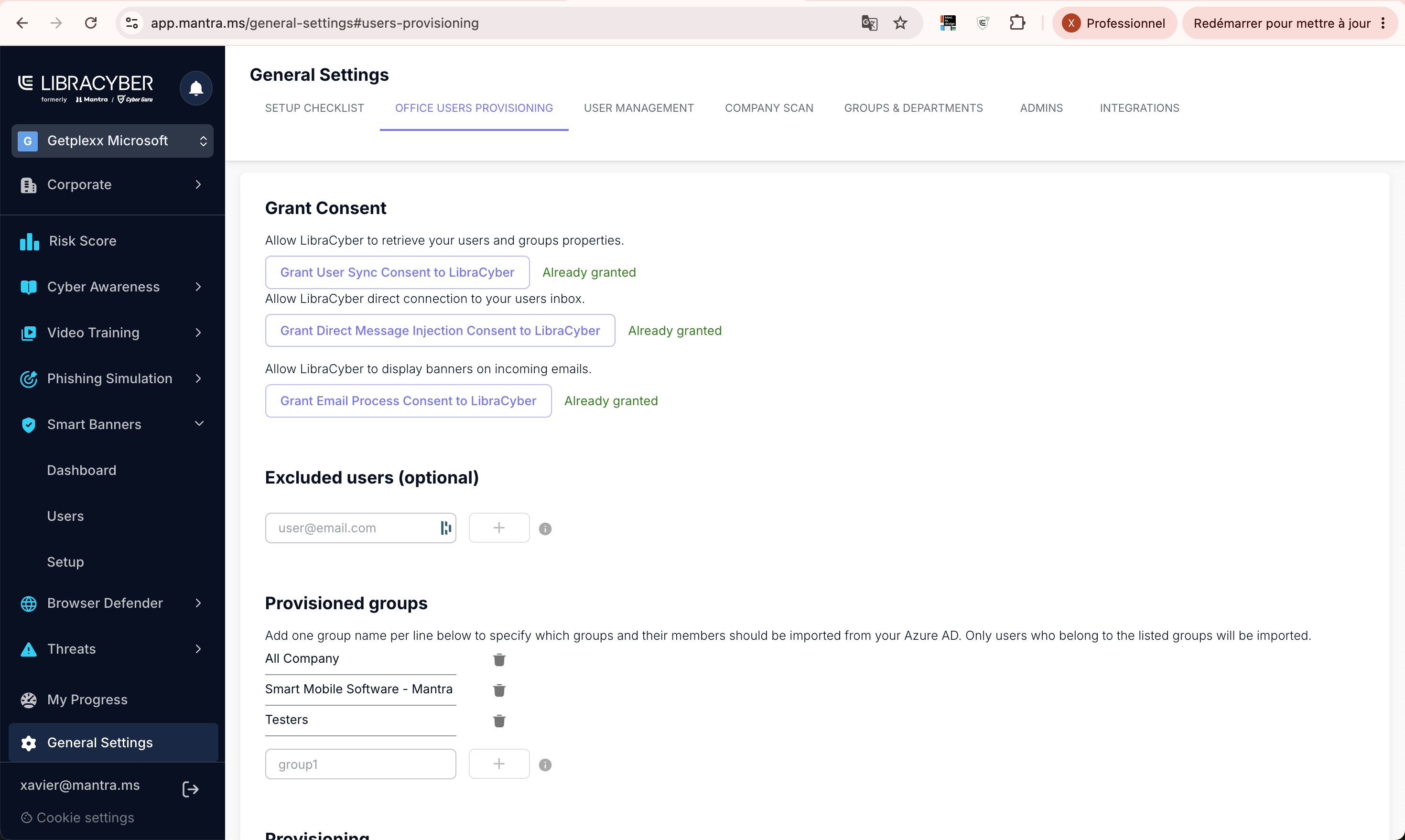 Scheda Office Users Provisioning con i tre pulsanti di consenso