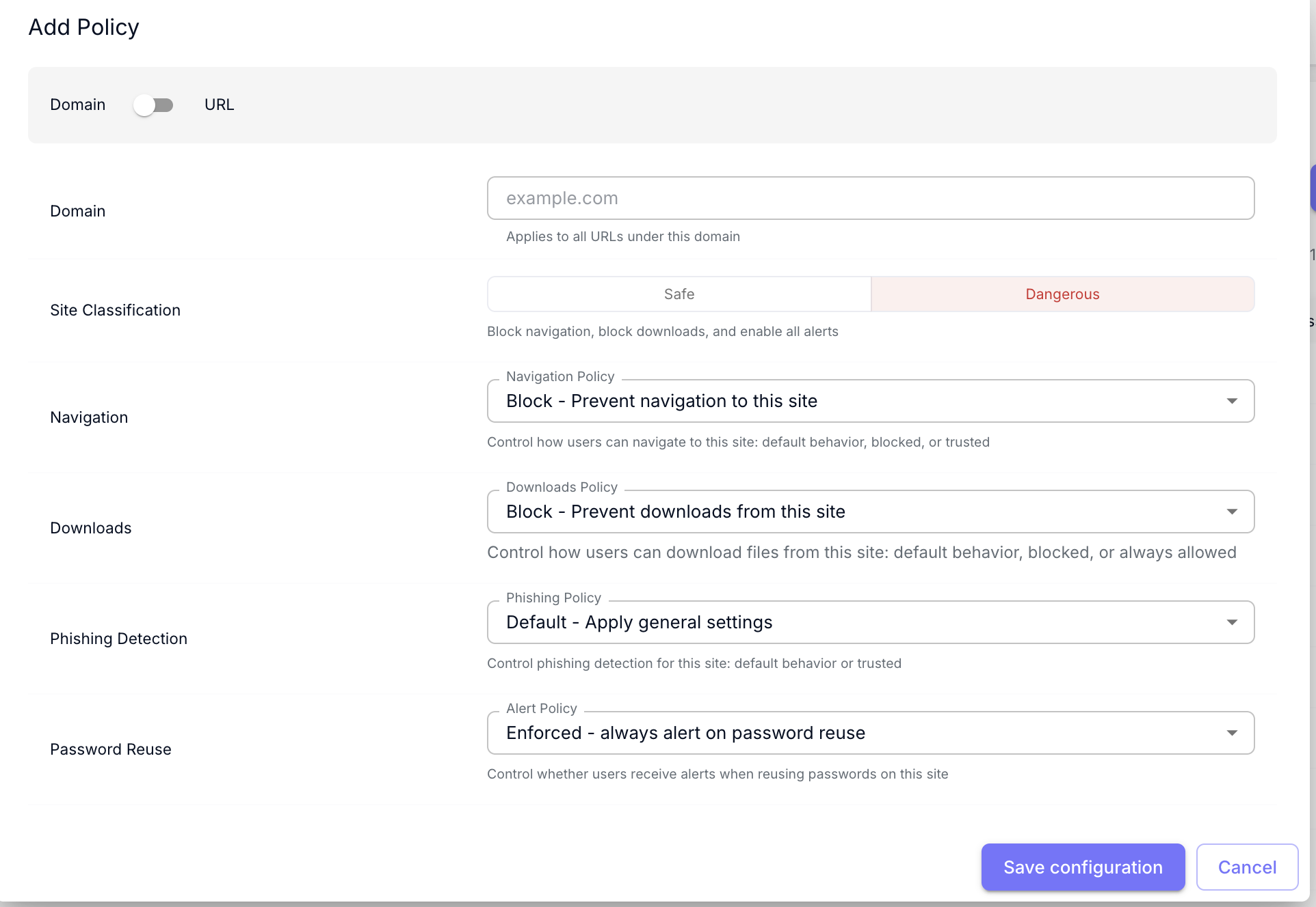 Dialog Add Policy con il preset Dangerous applicato: Navigation e Downloads bloccati, Password Reuse forzato.