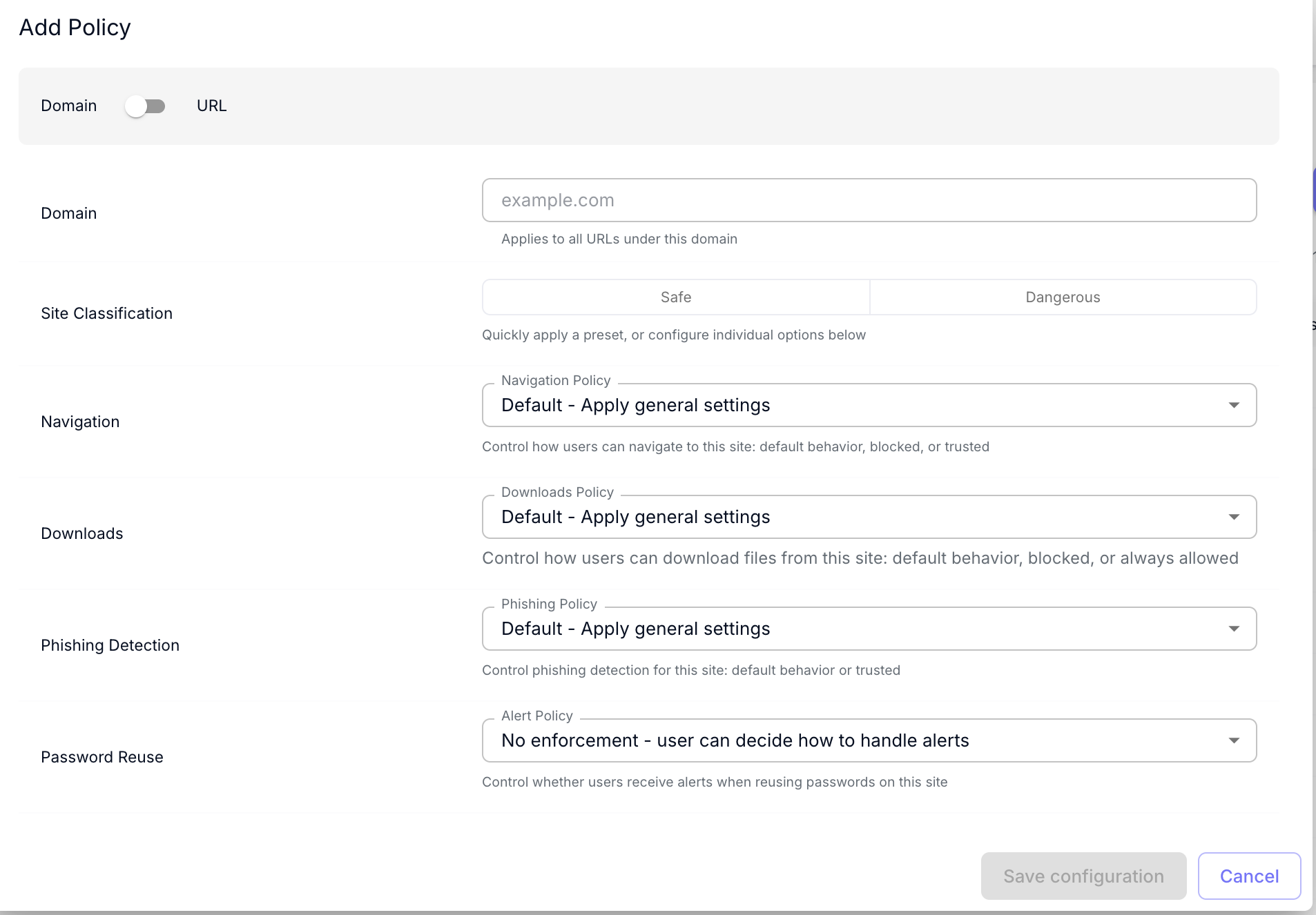 Dialog Add Policy nello stato predefinito, con il selettore Domain/URL e i quattro campi della policy ai valori di default.