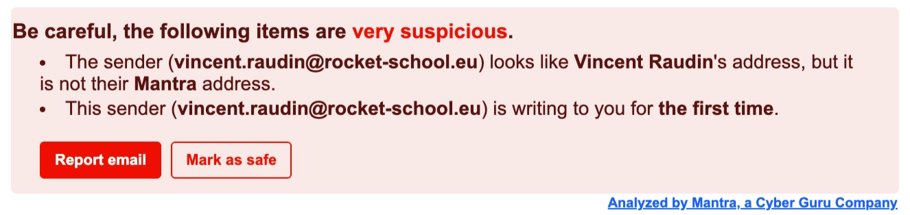 Banner rosso che segnala un tentativo di impersonificazione del nome di una persona da parte di un mittente sconosciuto, con i pulsanti Segnala email e Segna come sicuro.