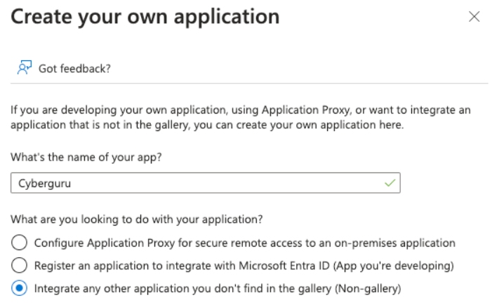 Panneau de création d'une application hors galerie