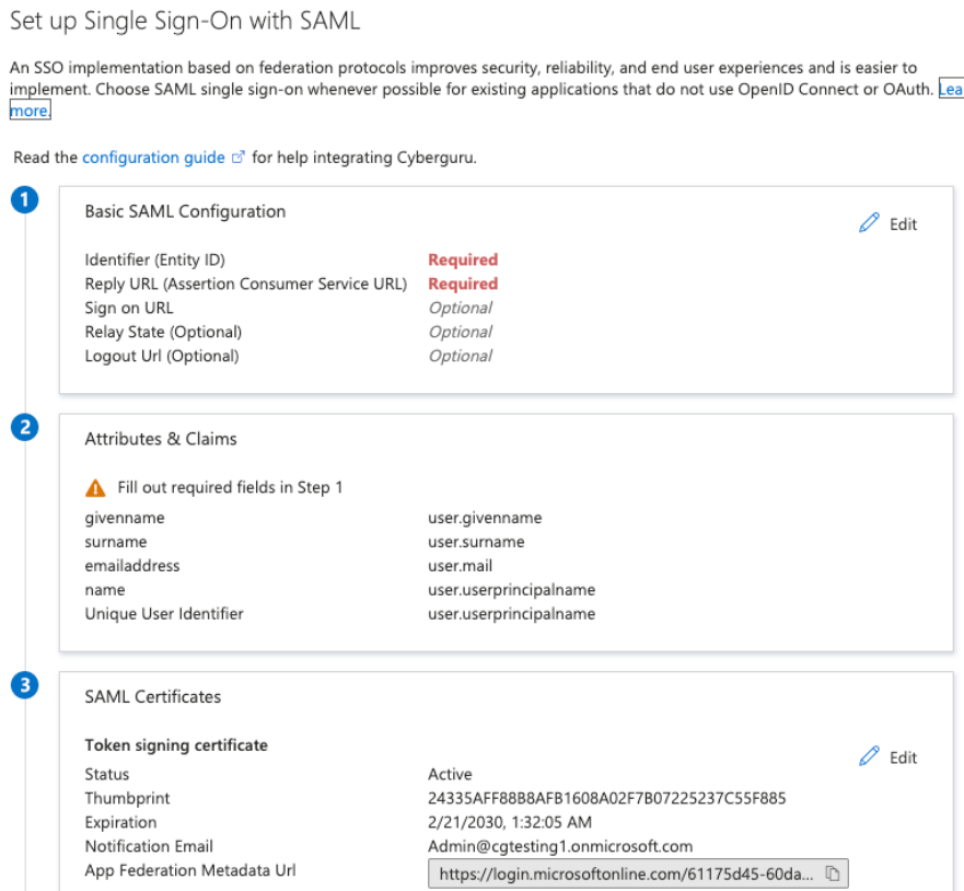Bereich SAML Certificates mit App Federation Metadata Url