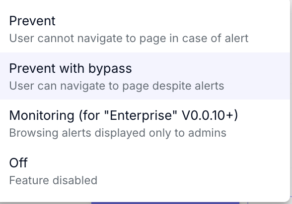 Modusoptionen für Browsing Protection: Prevent, Prevent with bypass, Monitoring, Off.