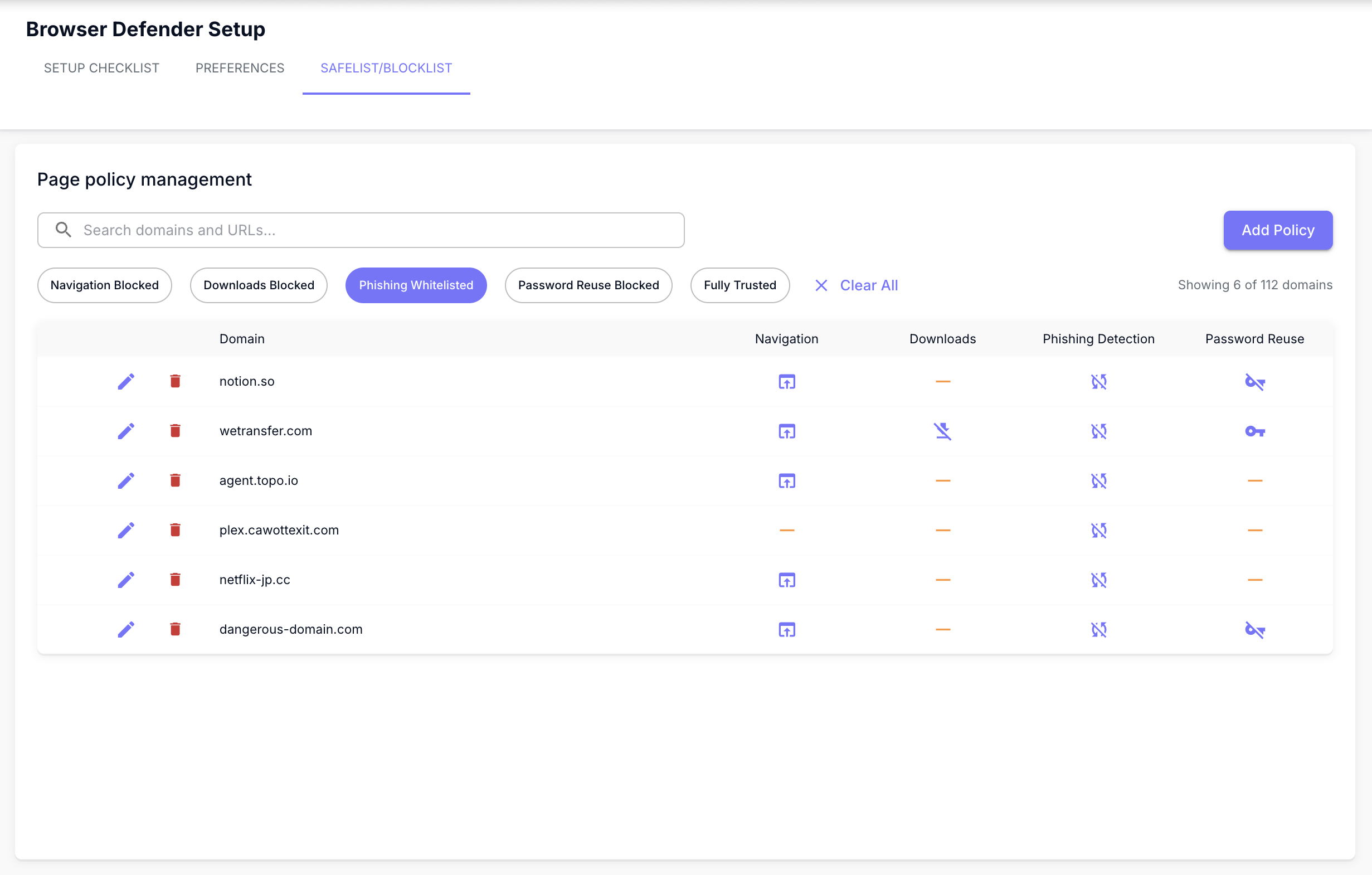 Browser Defender Setup page, Safelist/Blocklist tab, showing the policy table, search box, filters, and Add Policy button.