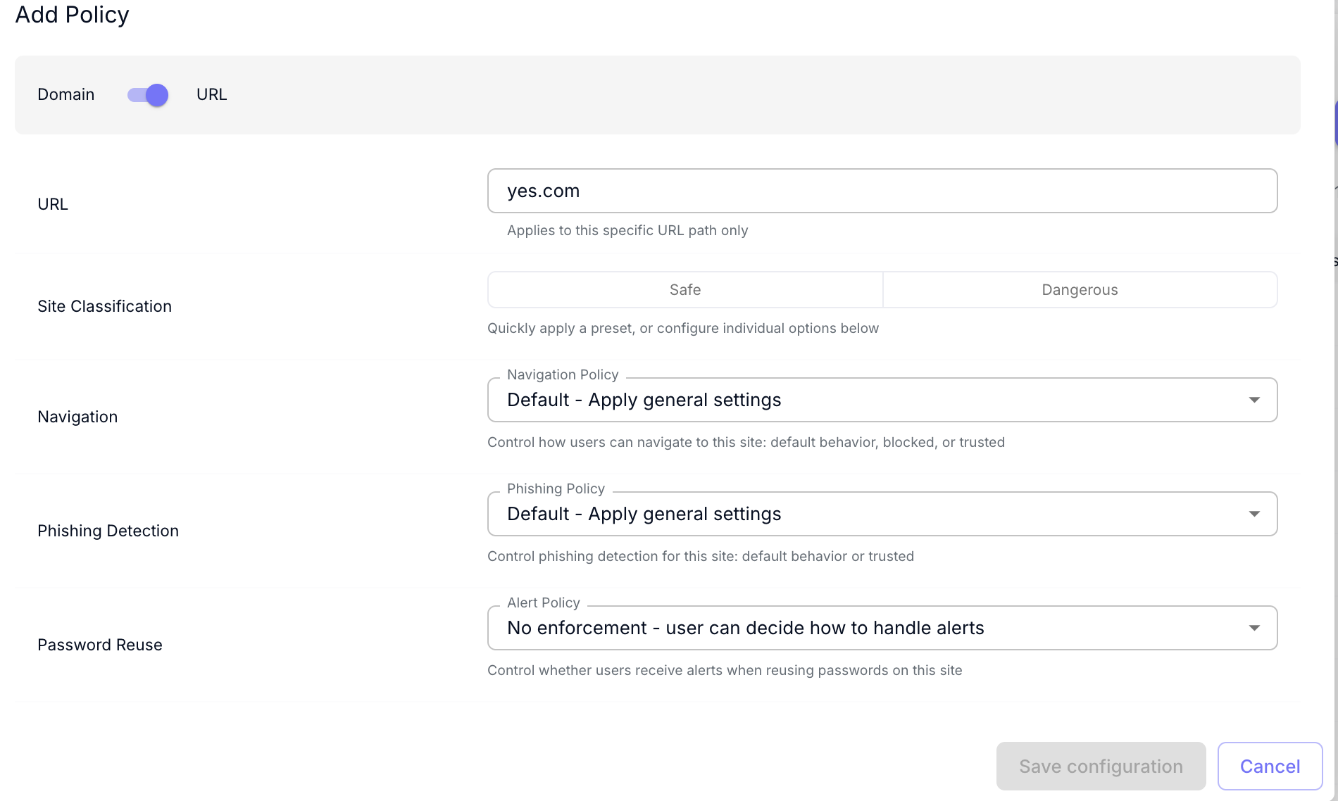 Add Policy dialog with URL scope: the Downloads field is not present at this level.