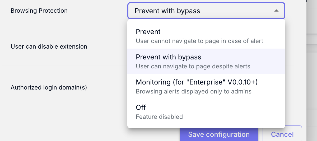 Company-level Browsing Protection settings panel, with the four enforcement modes.