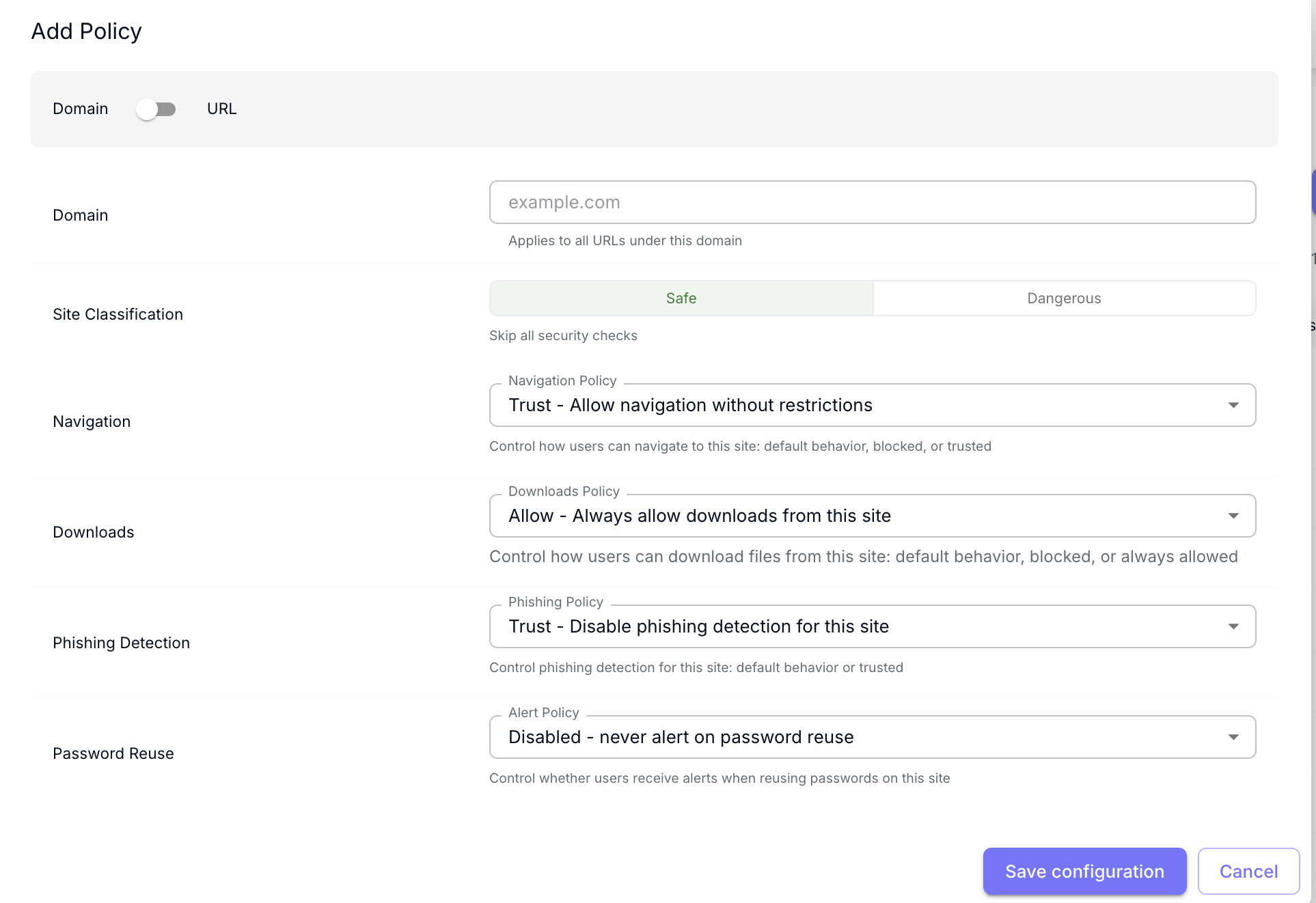 Add Policy dialog with the Safe preset applied: all four fields set to trusted values.