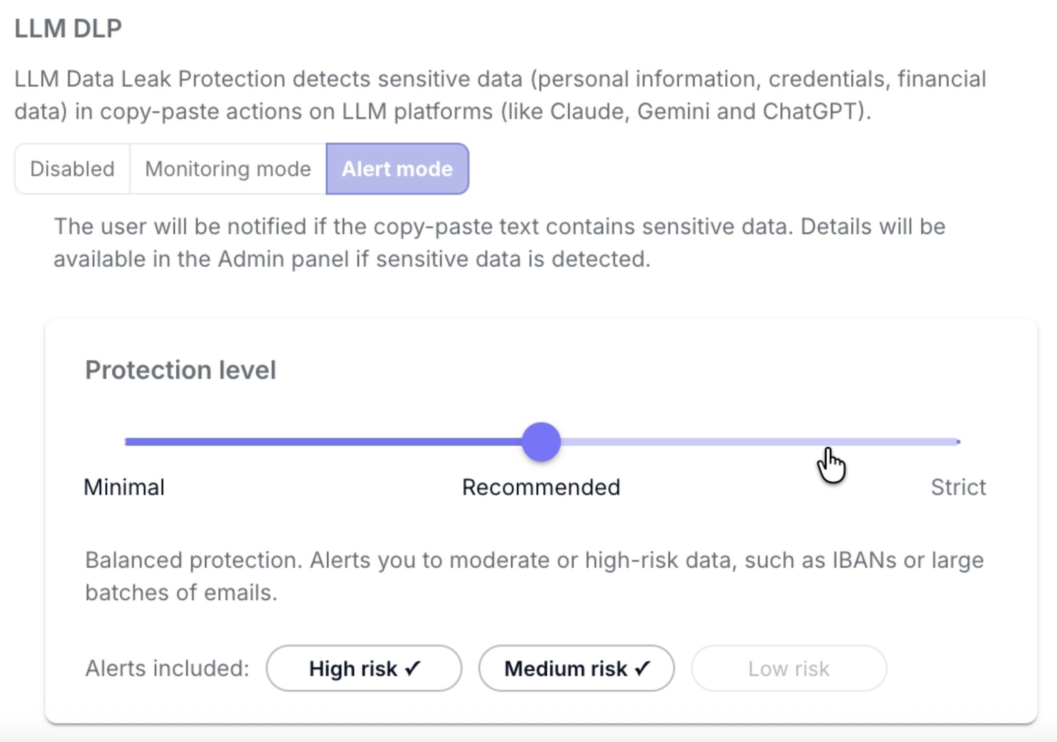 Setup > Preferences > Advanced Settings panel with the Mode control for LLM DLP (Disabled / Monitoring mode / Alert mode) and the Protection level slider (Minimal / Recommended / Strict).