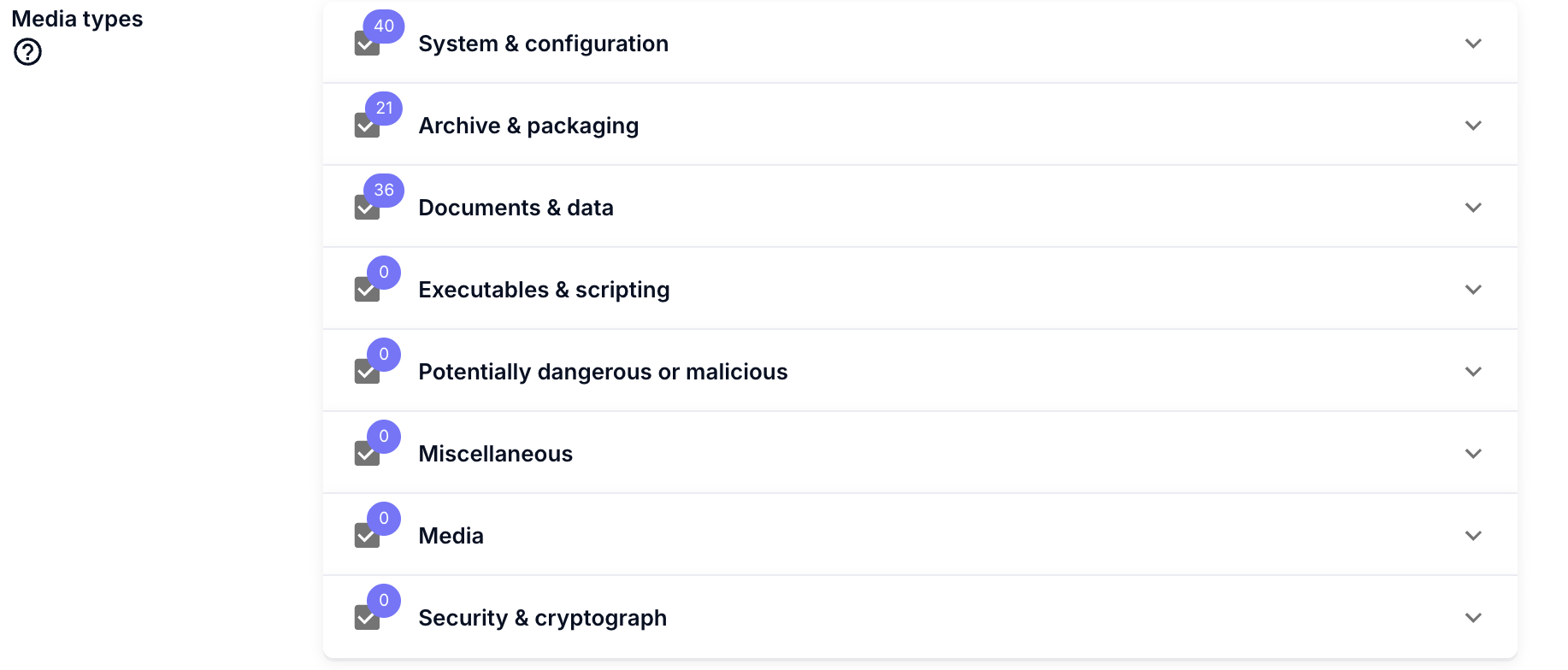 Liste der Dateityp-Kategorien der Downloads-Richtlinie mit der Anzahl der ausgewählten Einträge pro Kategorie.