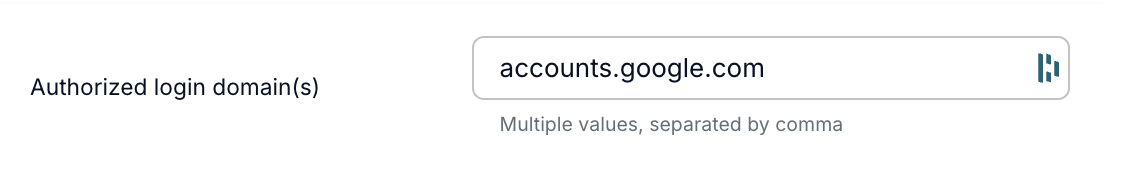 Campo Authorized login domain(s) con un dominio de ejemplo de Google Workspace.