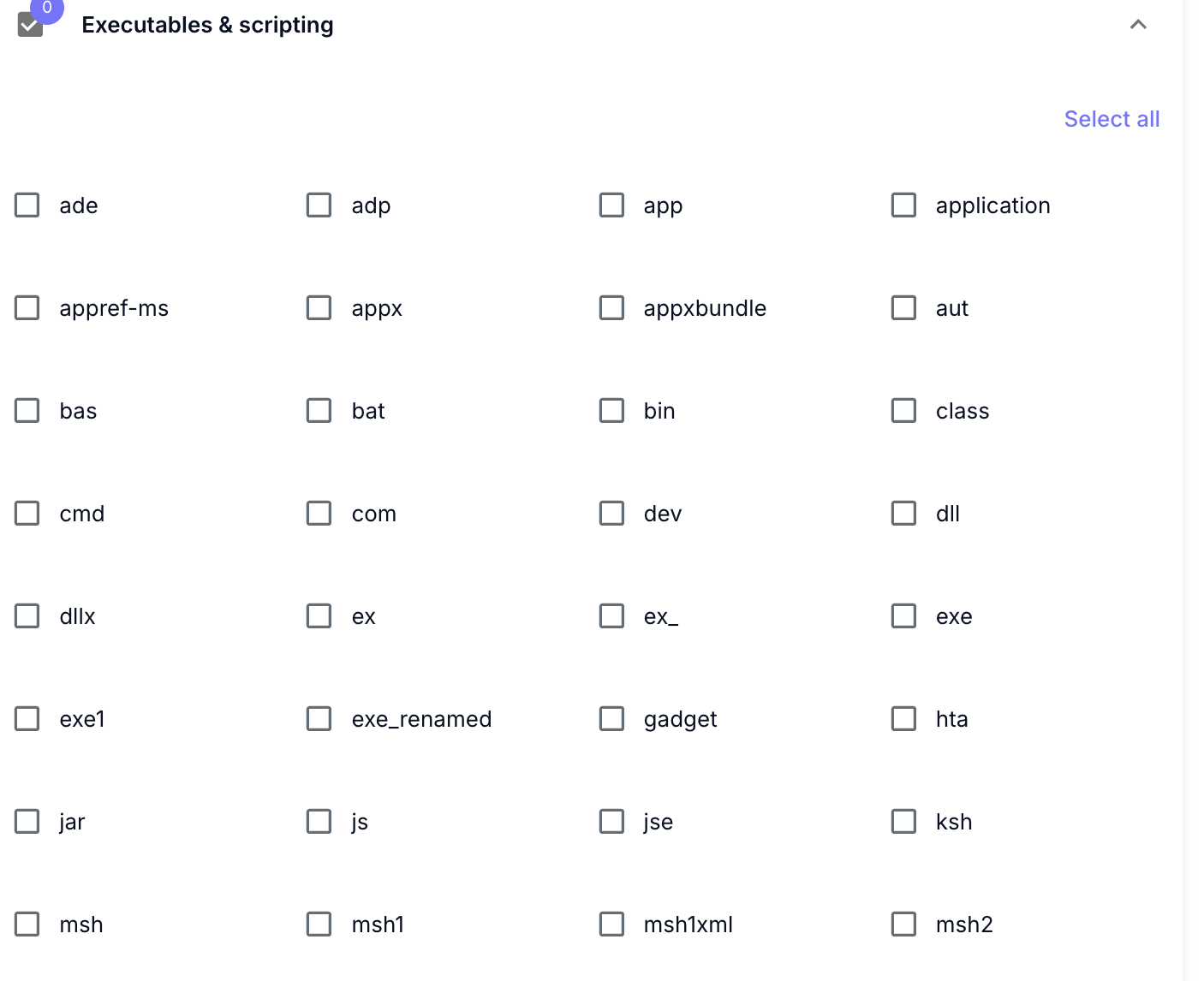 Catégorie Executables & scripting développée, avec les cases à cocher des extensions individuelles.
