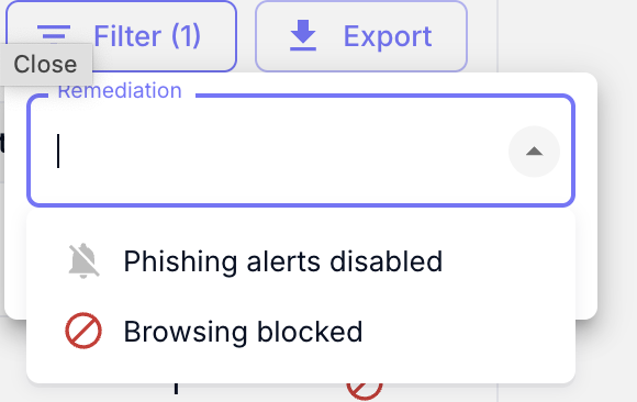 Menú desplegable del filtro Remediation de la pestaña Live Detection, con las opciones Live detection alerts disabled y Browsing blocked.