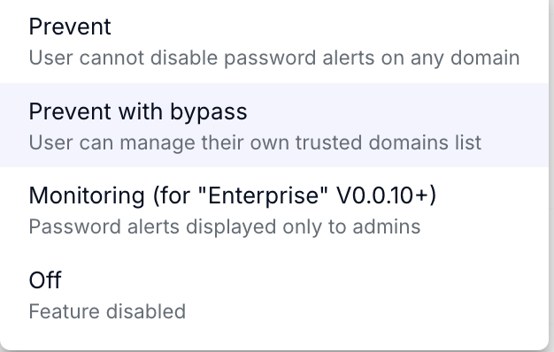 Options de mode pour Password Protection : Prevent, Prevent with bypass, Monitoring, Off.