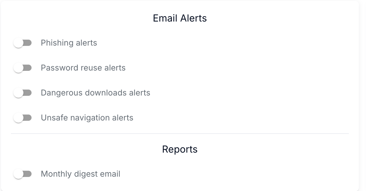 Contrôles Email Alerts et Reports, avec tous les commutateurs à l'état par défaut désactivé.