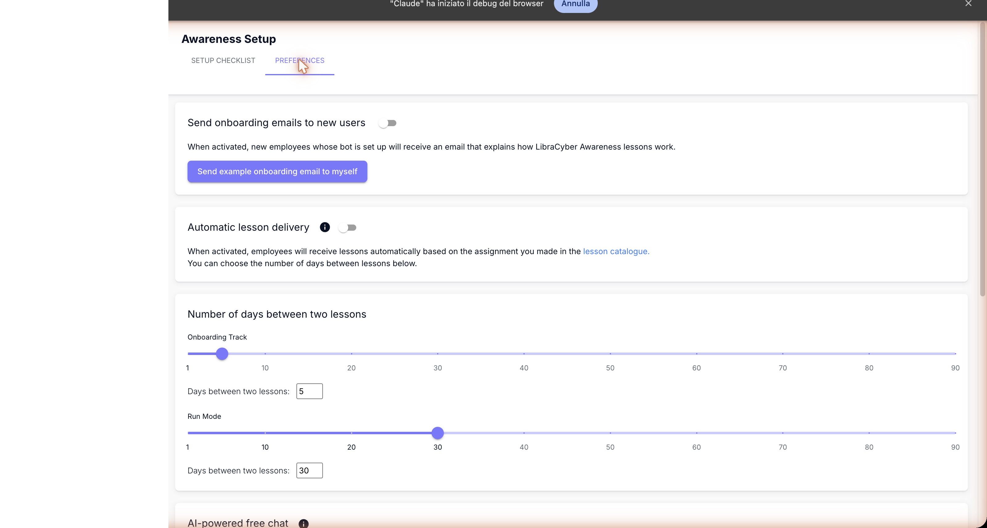 Preferences tab of Awareness Setup: the Send onboarding emails to new users and Automatic lesson delivery toggles, and the two sliders for Number of days between two lessons for Onboarding Track and Run Mode.