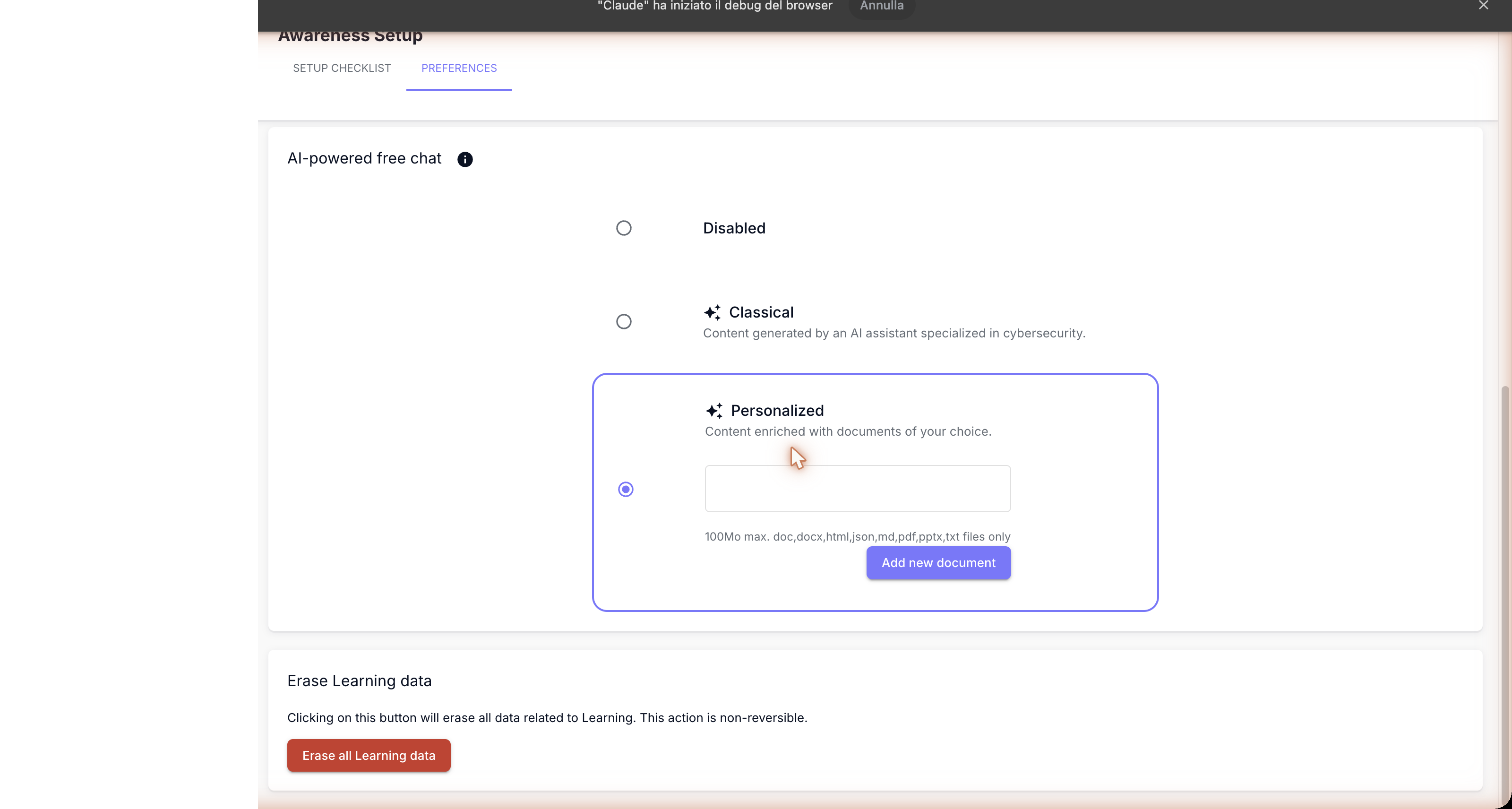 AI-powered free chat section with options Disabled, Classical, and Personalized, and at the bottom of the tab the Erase all Learning data button (irreversible action).