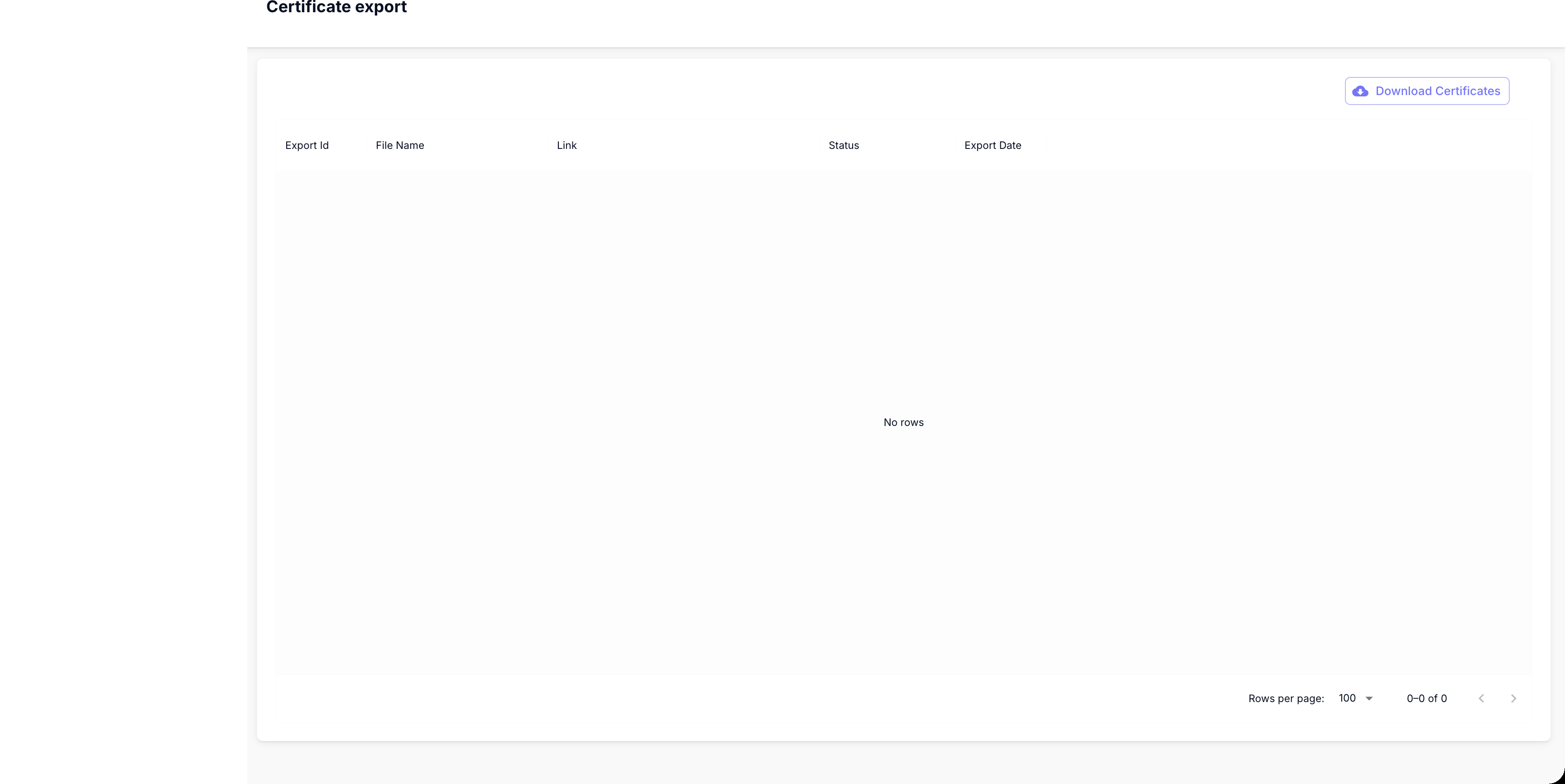 Certificate export page with the Download Certificates button in the top right and the export table