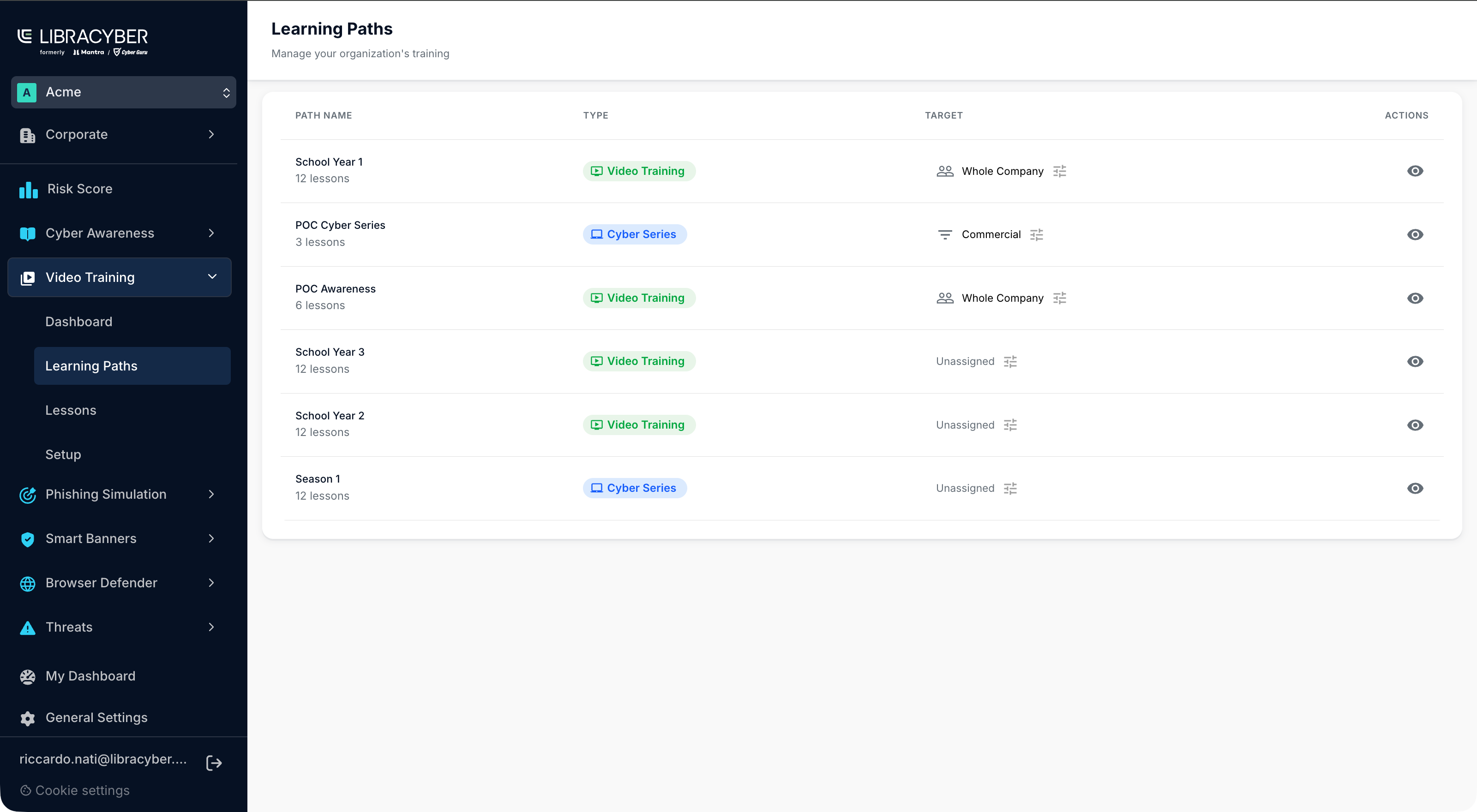 The list of Learning Paths with the Type and Target columns.