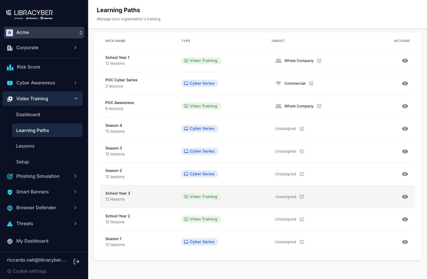 Lista de Learning Paths con las columnas Path Name, Type, Target y Actions