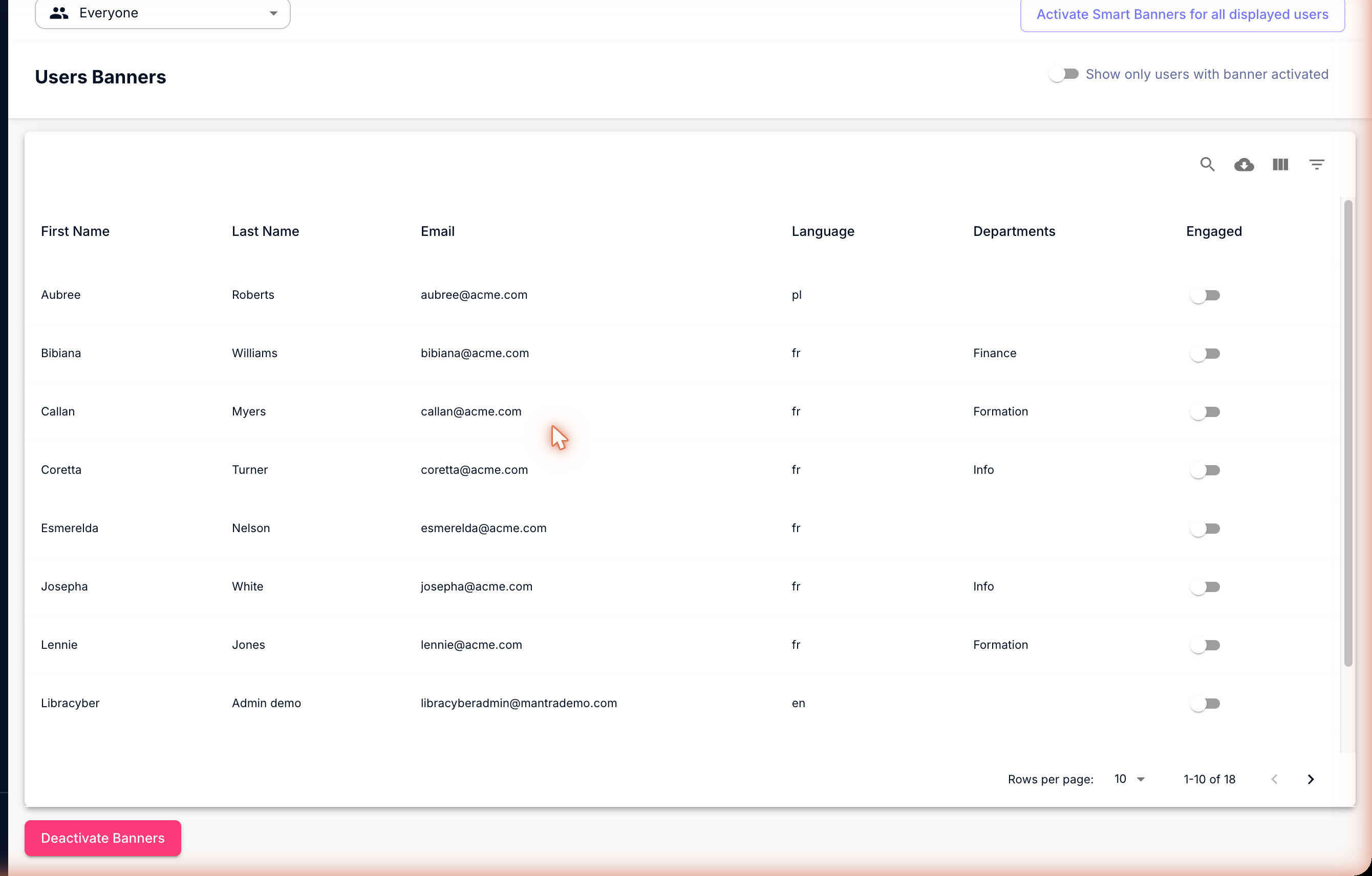 Seite Users von Smart Banners: Abteilungsfilter, Engaged-Schalter für jedes Postfach, Schaltflächen zum Aktivieren und Deaktivieren in Massen und Symbolleiste mit Suche und CSV-Export.