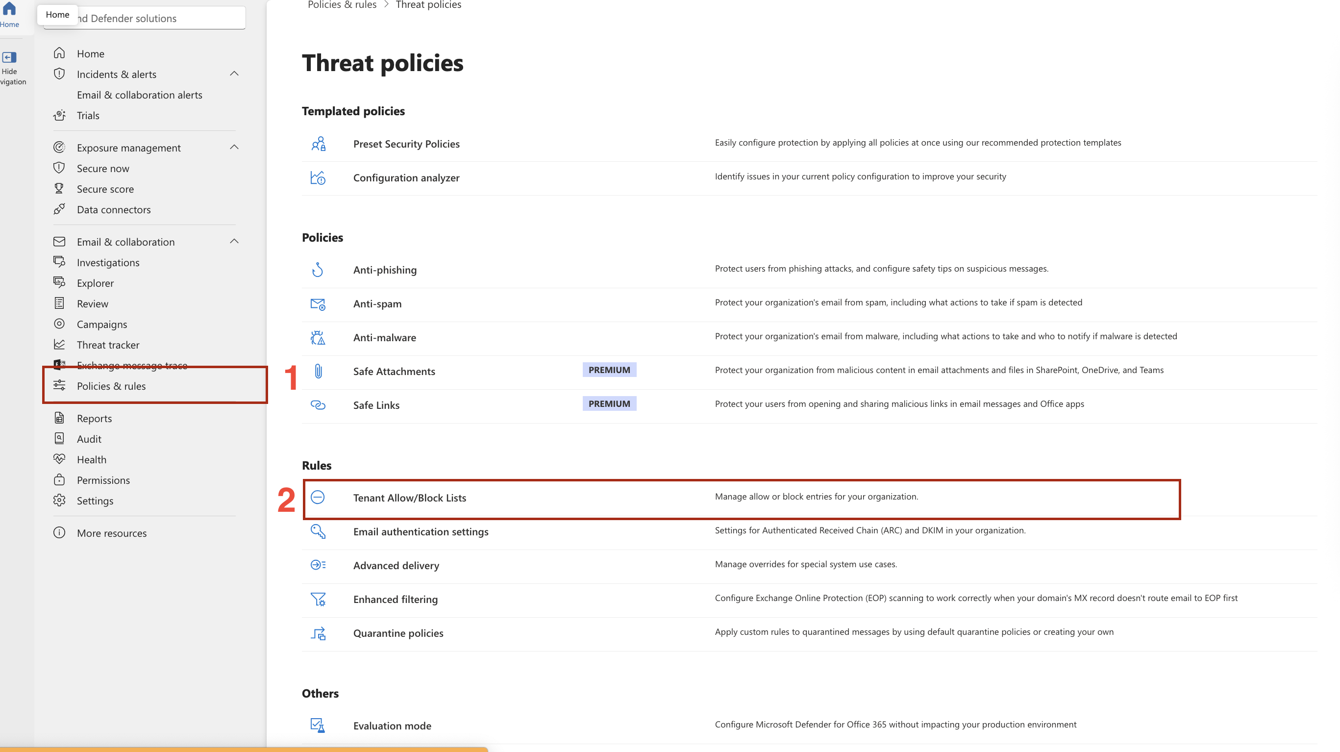 Accès à la Tenant Allow/Block List dans Microsoft Defender