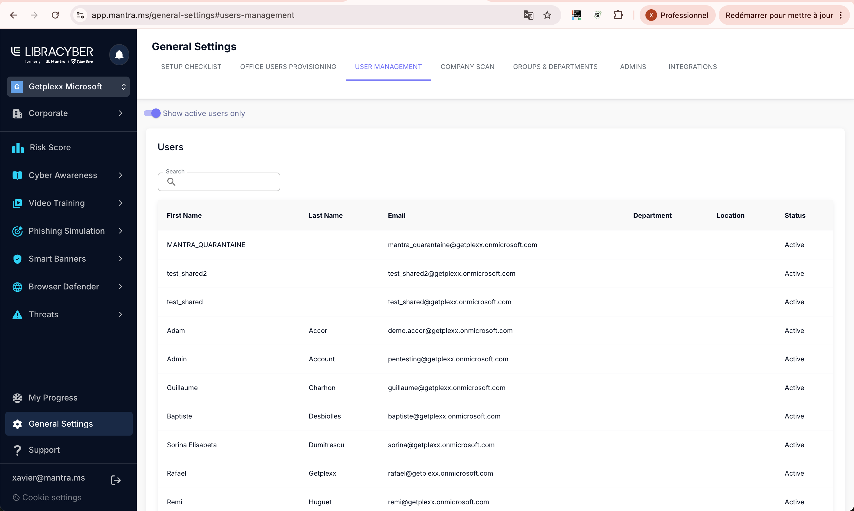 Pestaña User Management con la lista de usuarios aprovisionados y su estado