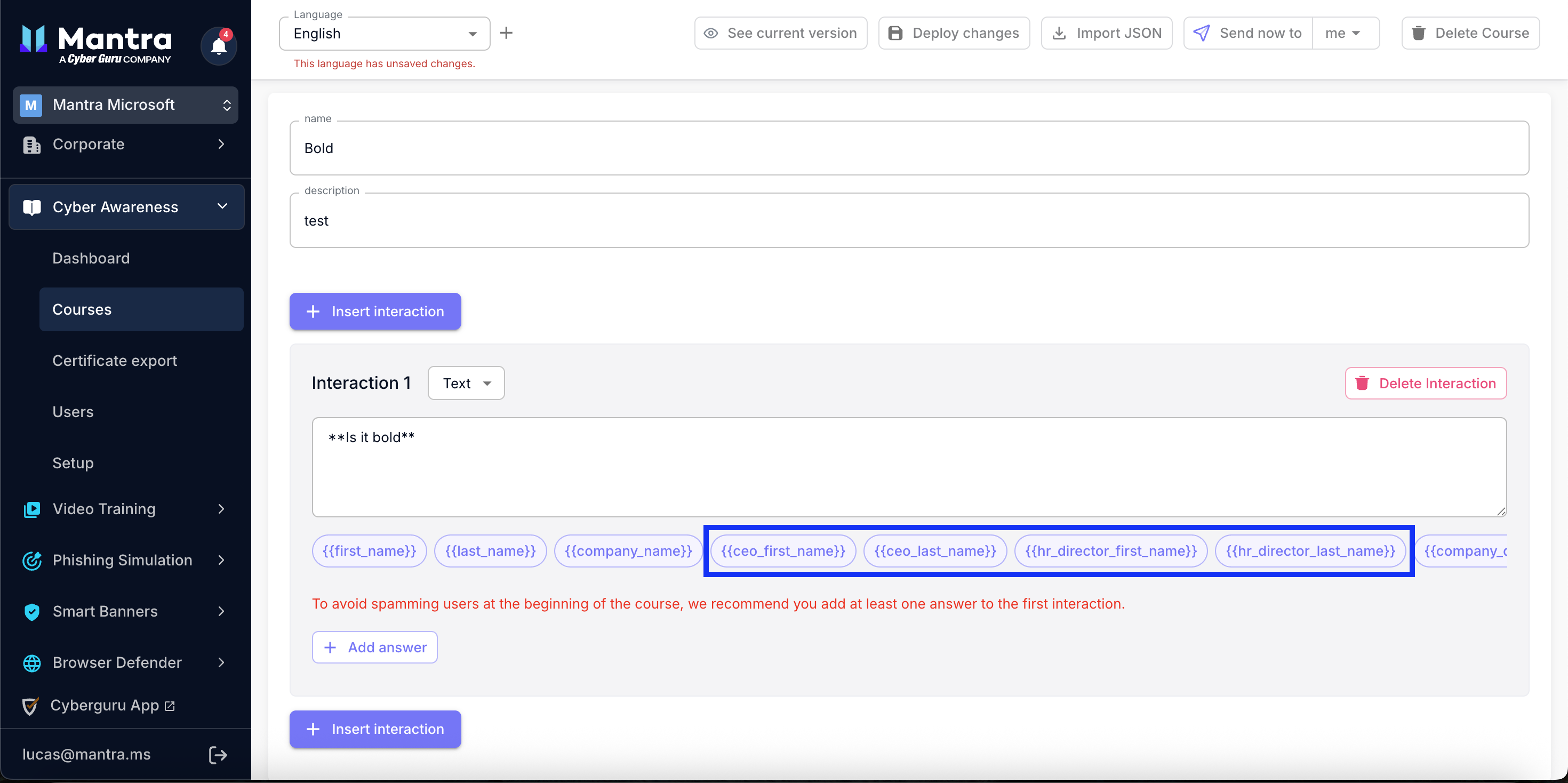 Macros des key people disponibles dans la personnalisation d'une leçon