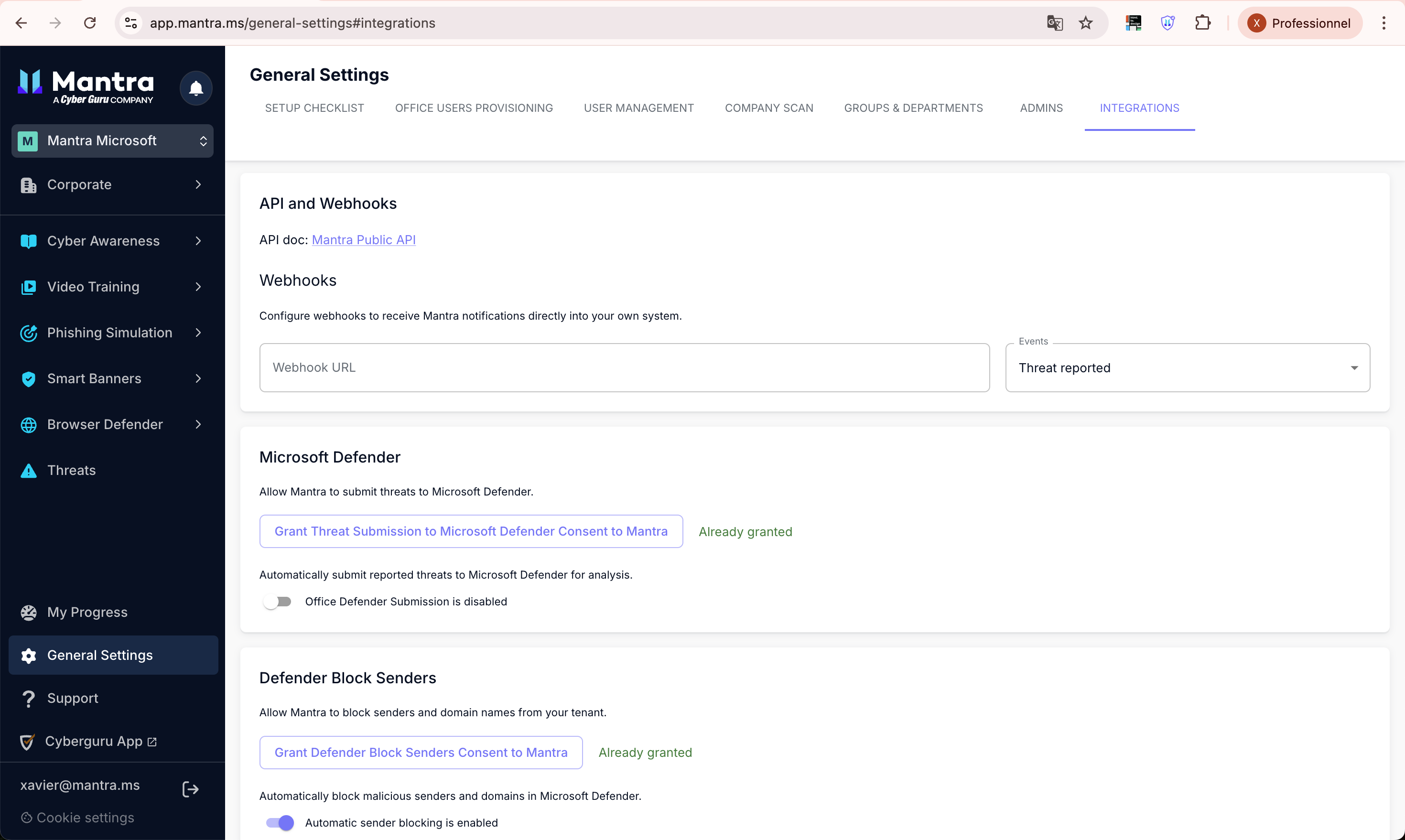 Onglet Integrations