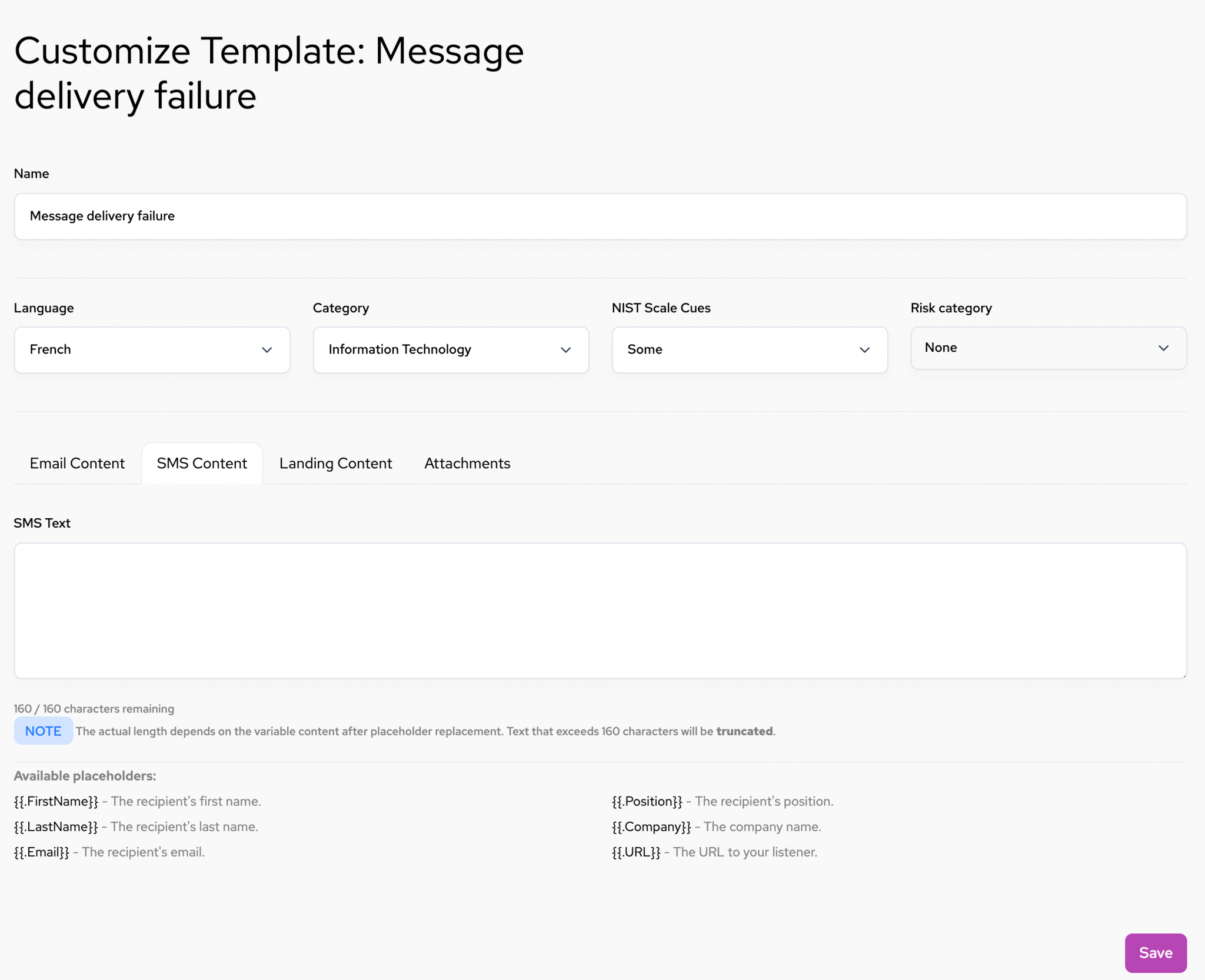 PhishBrain SMS template editor