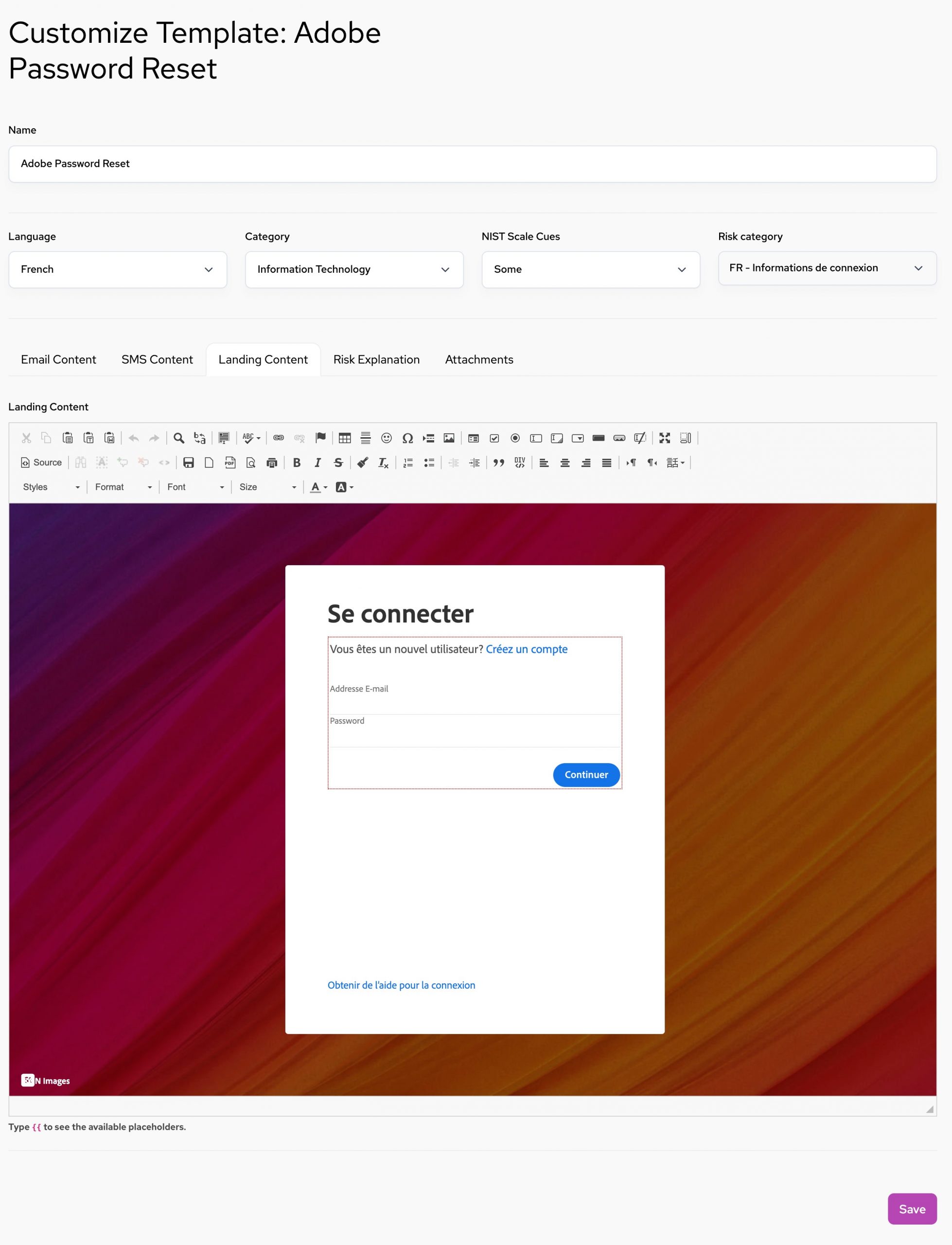 PhishBrain landing page editor
