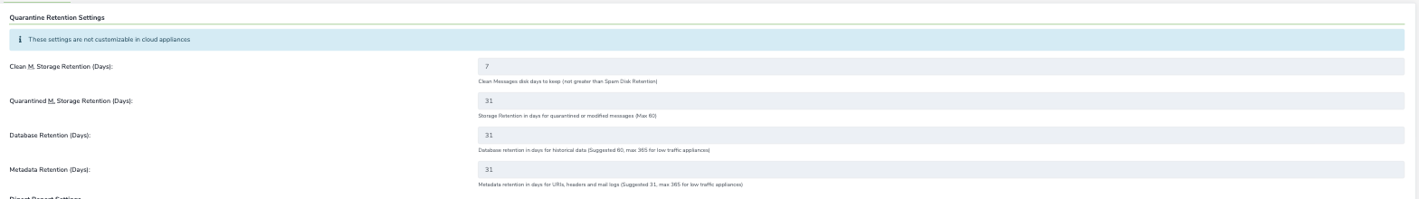 Riquadro Quarantine Retention Settings in Admin Area, Appliance, Quarantine Settings