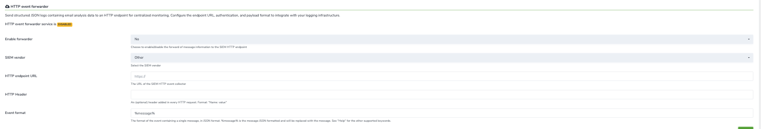 HTTP event forwarder SIEM in Admin Area, Integrations, SIEM
